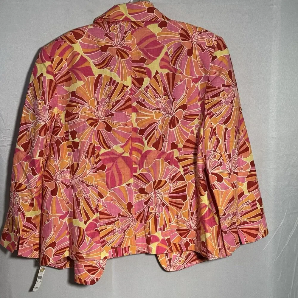 NWT Talbots 14 Floral Linen Blazer Pink Orange Jacket Floral Spring Casual